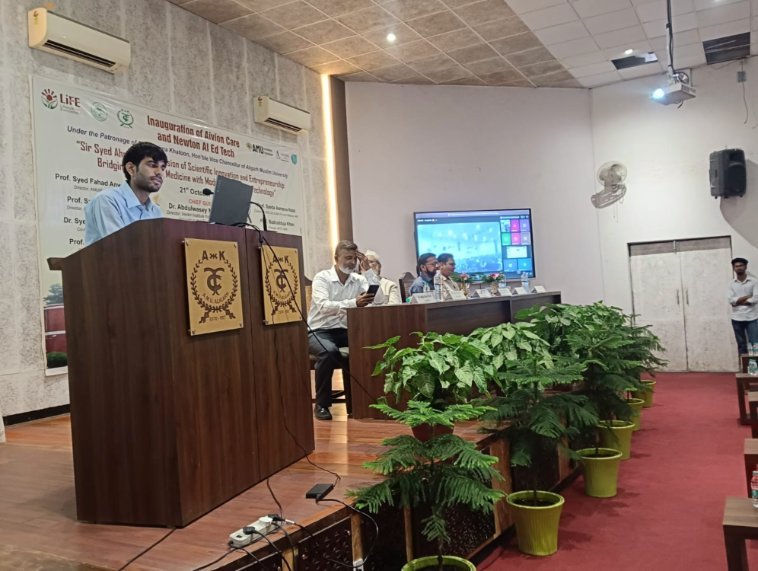 Aivion Care team member presenting at the launch at Ajmal Khan Tibbiya College, AMU