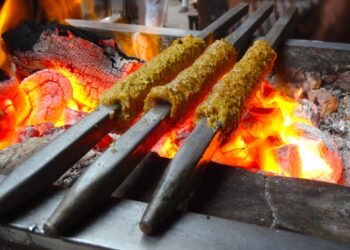 Aligarh Food Guide: Famous Dishes and Food Streets to Try Seekh kebabs cooking over a charcoal grill