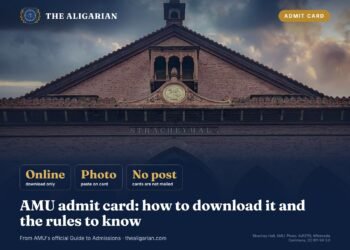 AMU admit card guide graphic with Strachey Hall, Aligarh Muslim University