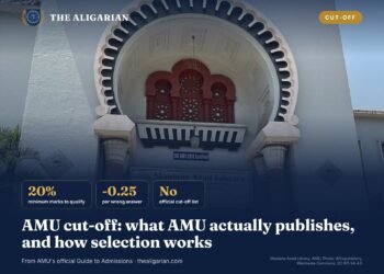 AMU cut-off guide graphic with Maulana Azad Library, Aligarh Muslim University