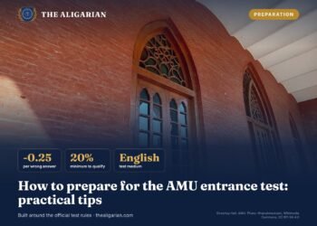 AMU entrance test preparation tips graphic with Strachey Hall, Aligarh Muslim University