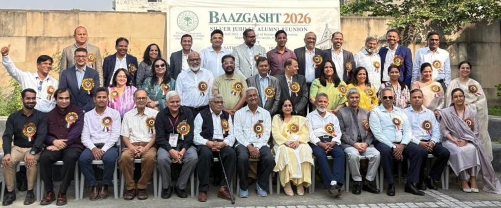 Baazgasht 2026: AMU MBA Class of 2001 Returns to Campus for Silver Jubilee Reunion Alumni of the 2001 MBA batch pose for a group photo at Baazgasht 2026, AMU