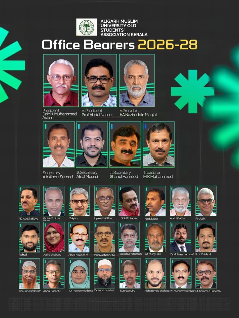 AMU Old Students' Association Kerala Announces Office-Bearers for 2026-28 Photos of the office-bearers and executive committee members of the AMU Old Students Association Kerala for 2026-28