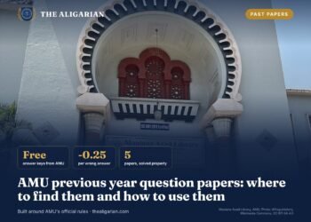 AMU previous year question papers guide graphic with Maulana Azad Library